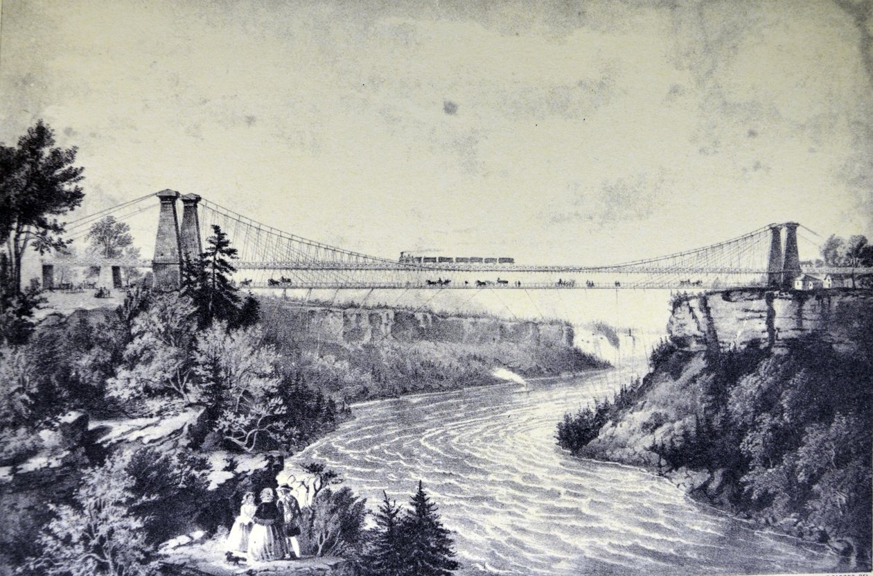 Currier & Ives ilustrace 19. století. Železniční visutý most, poblíž Niagarských vodopádů. od N. and Ives, J.M. Currier