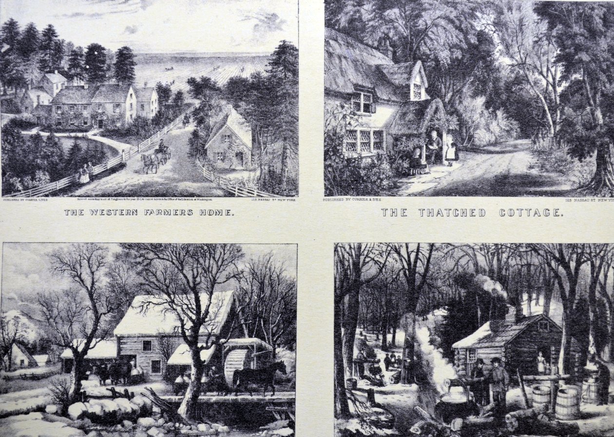 Currier & Ives ilustrace 19. století. The Western Farmers Home; Došková chalupa; Frozen Up; Maple Sugaring, brzy na jaře v severním lese od N. and Ives, J.M. Currier