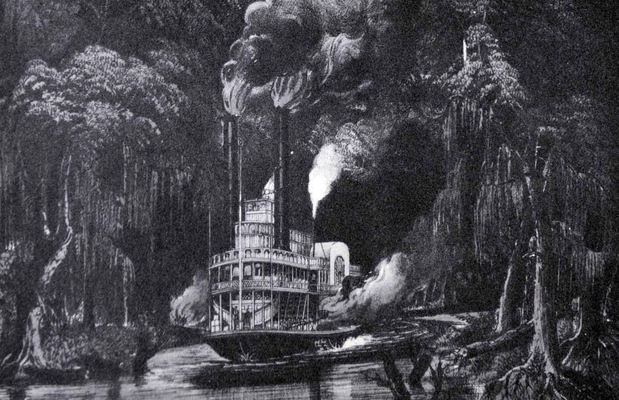 Currier & Ives ilustrace 19. století. Přes Bayou světlem pochodně od N. and Ives, J.M. Currier
