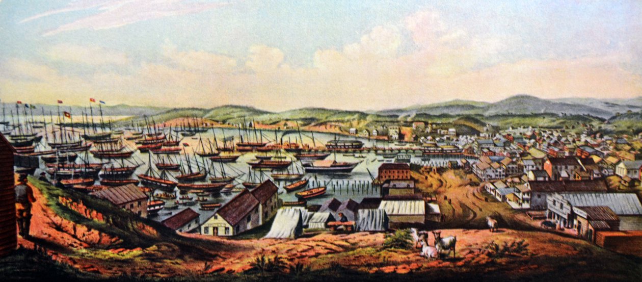 Ilustrace Currier & Ives 19. století. Pohled na San Francisco v Kalifornii od N. and Ives, J.M. Currier