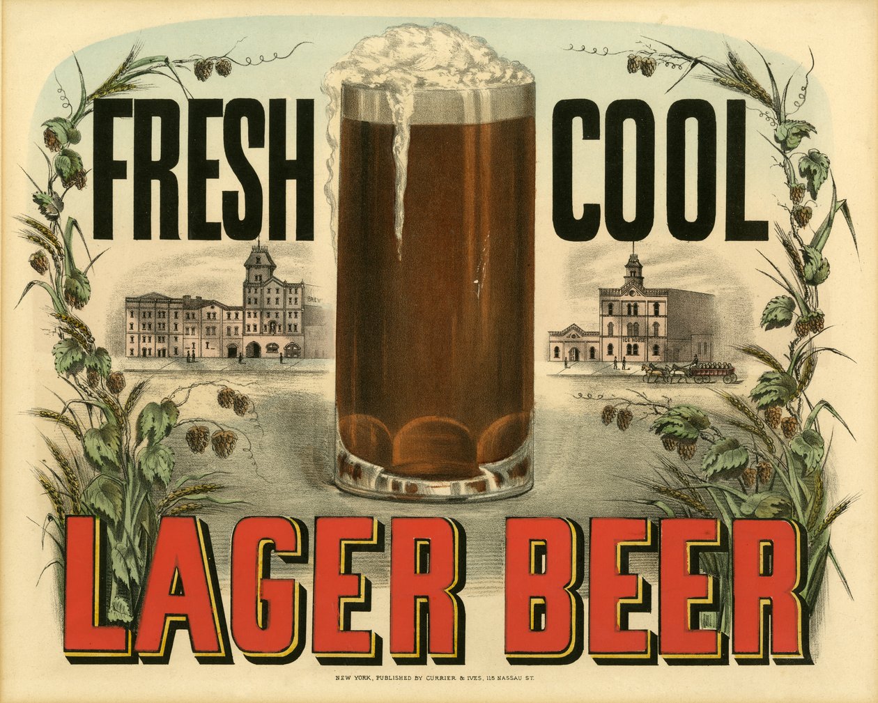 Fresh Cool Lager Beer, (litografie) od N. and Ives, J.M. Currier