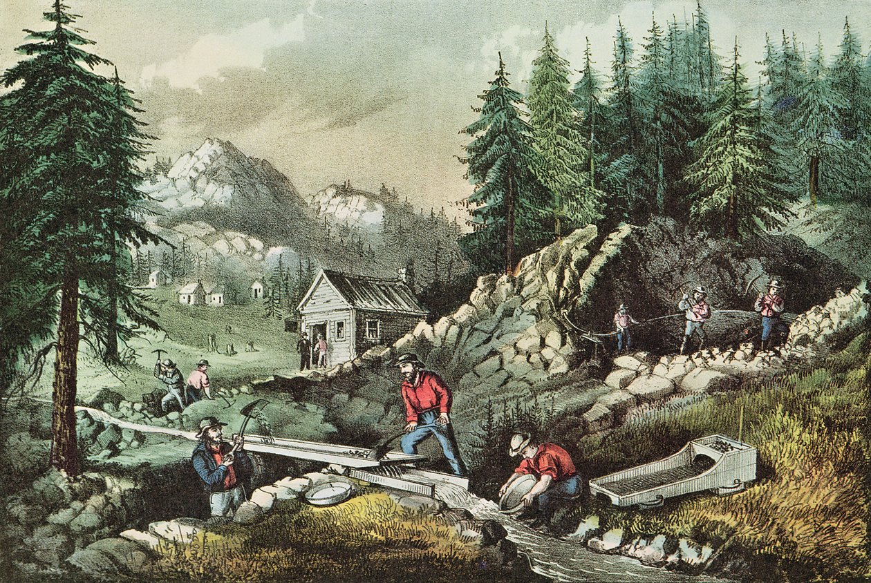 Těžba zlata v Kalifornii, 1871 od N. and Ives, J.M. Currier
