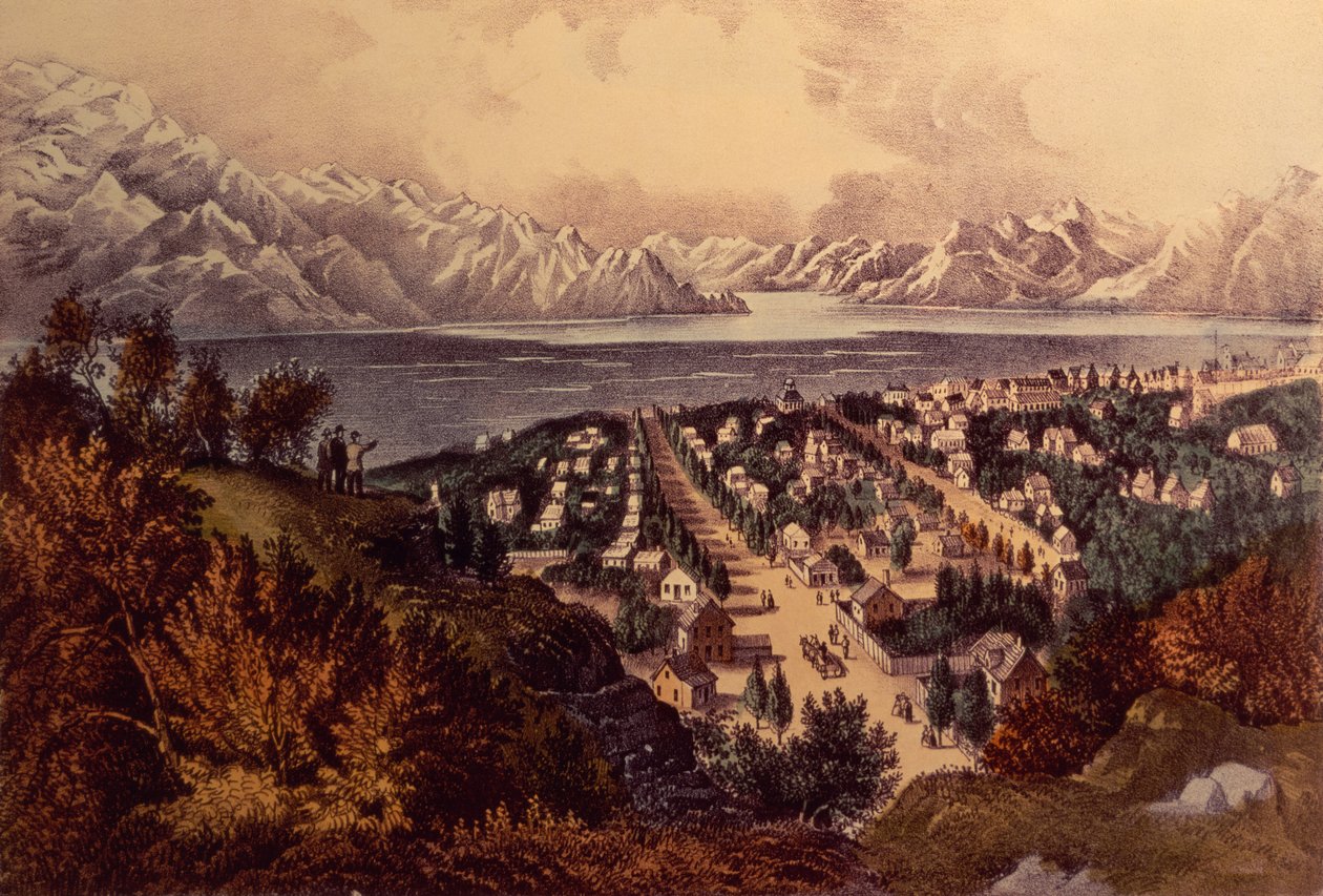 Great Salt Lake, Utah (barevné litho) od N. and Ives, J.M. Currier