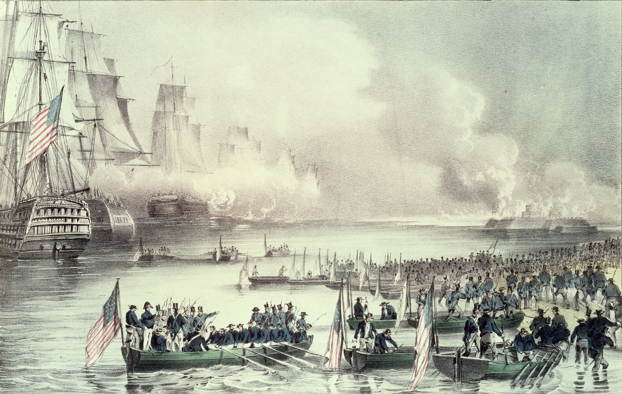 Vylodění amerických sil ve Vera Cruz pod vedením generála Scotta, březen 1847 od N. and Ives, J.M. Currier