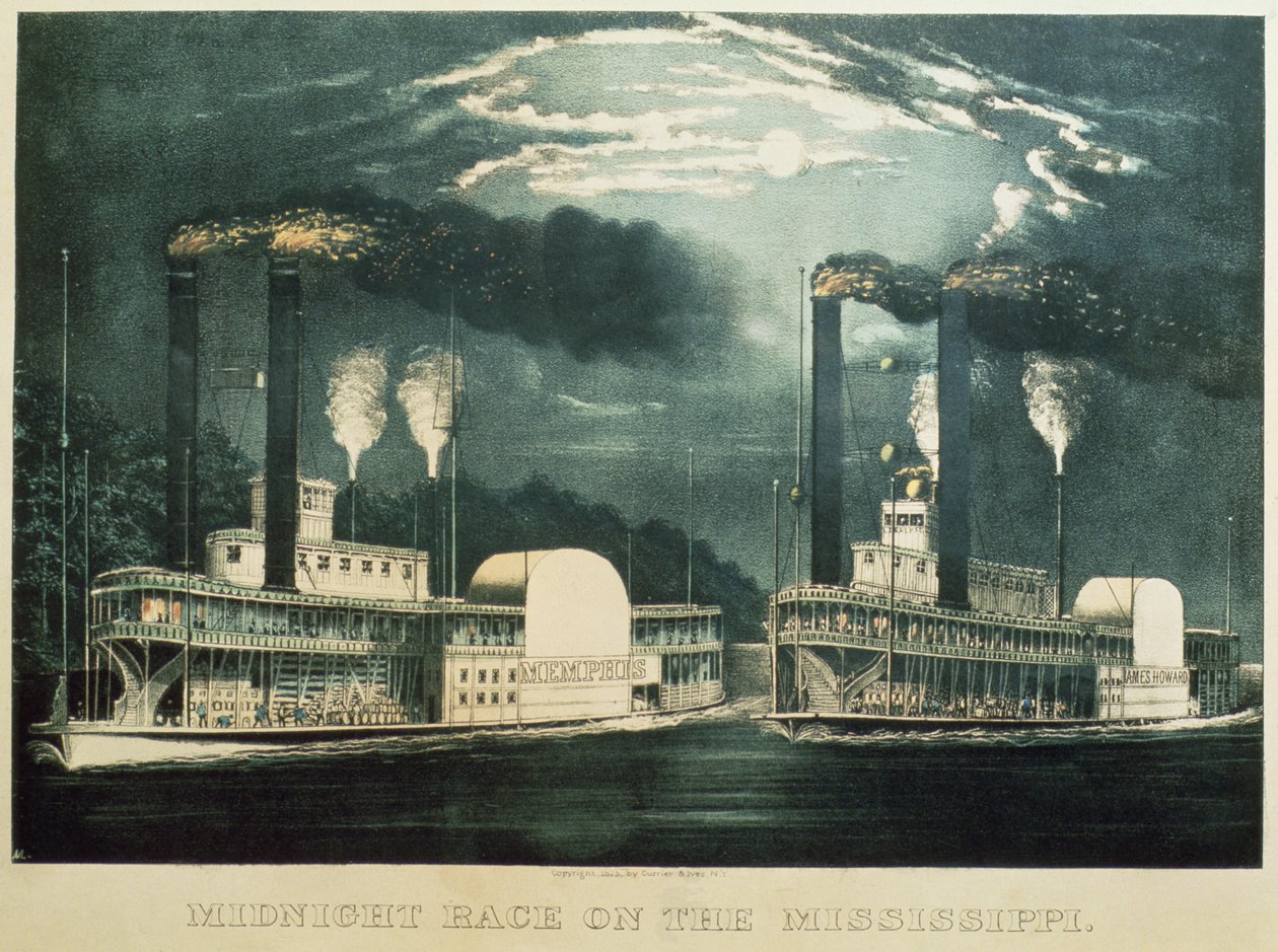 Půlnoční závod na Mississippi, 1875 od N. and Ives, J.M. Currier