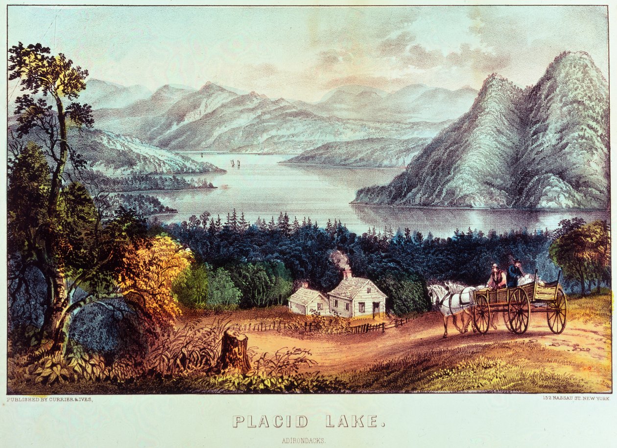 Klidné jezero, Adirondacks od N. and Ives, J.M. Currier