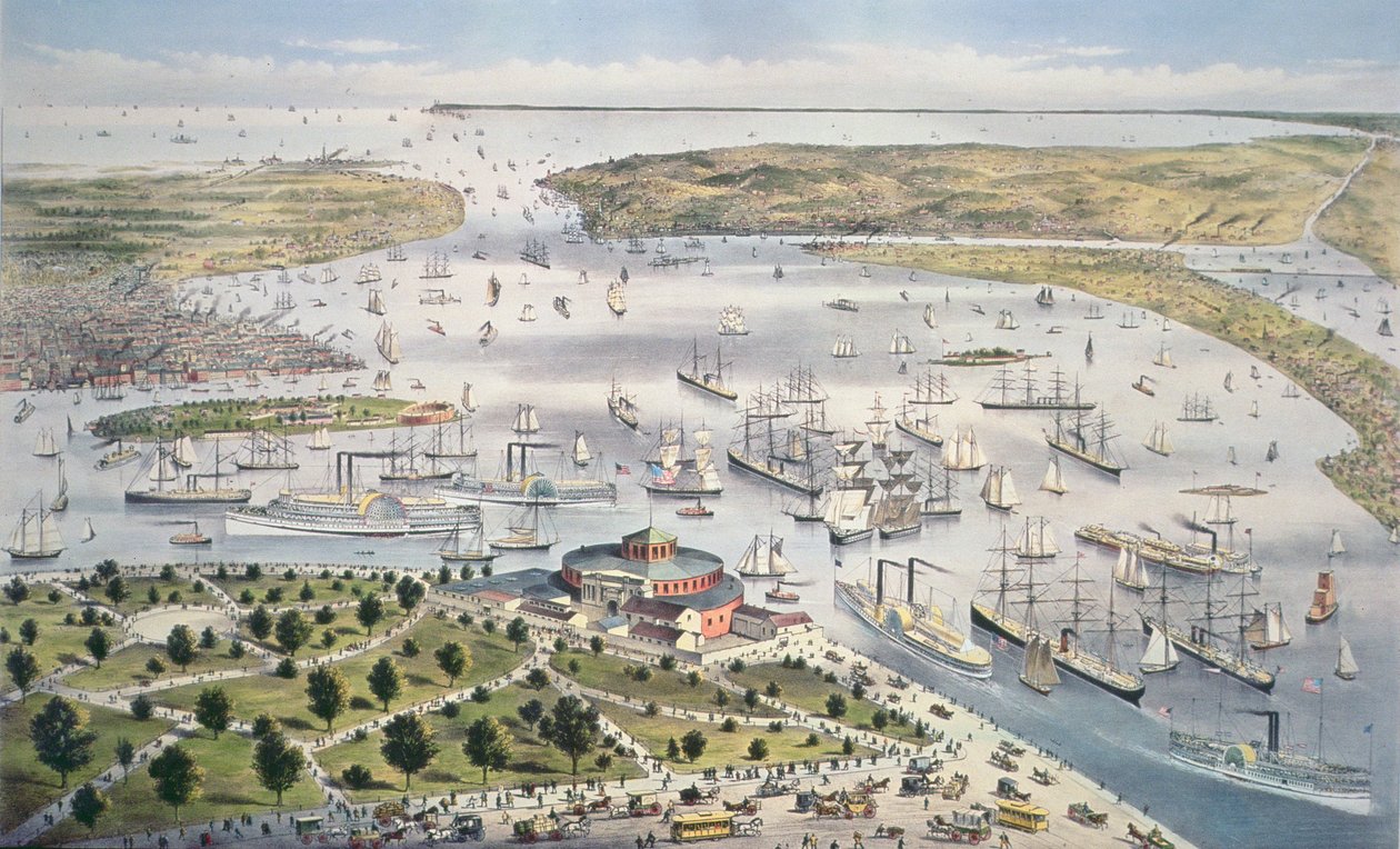 Přístav New York, Pohled na jih, kolem roku 1880 od N. and Ives, J.M. Currier