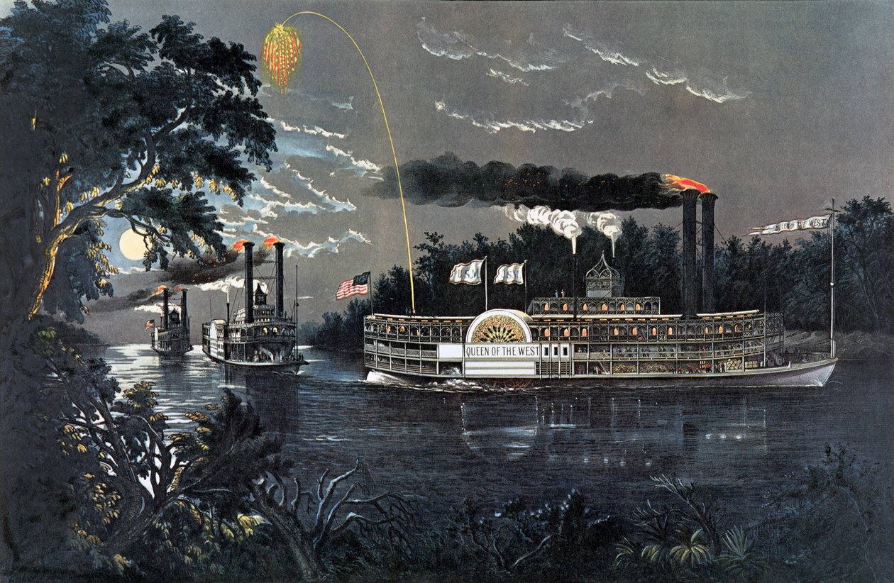 RL 27835 Zaokrouhlení zatáčky na Mississippi Parník Queen of the West od N. and Ives, J.M. Currier