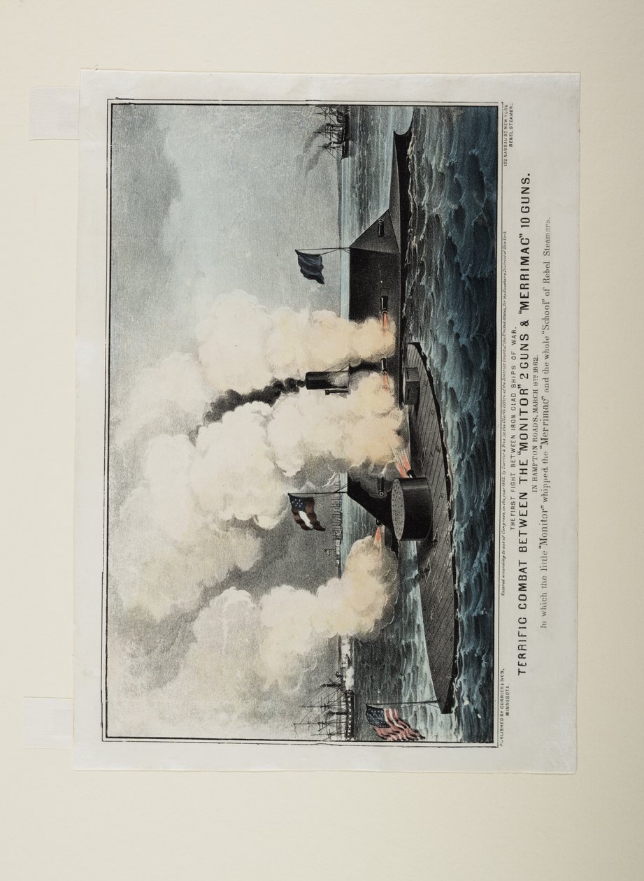 Skvělý boj mezi dvěma děly Monitor a deseti děly Merrimac, kolem roku 1862 od N. and Ives, J.M. Currier