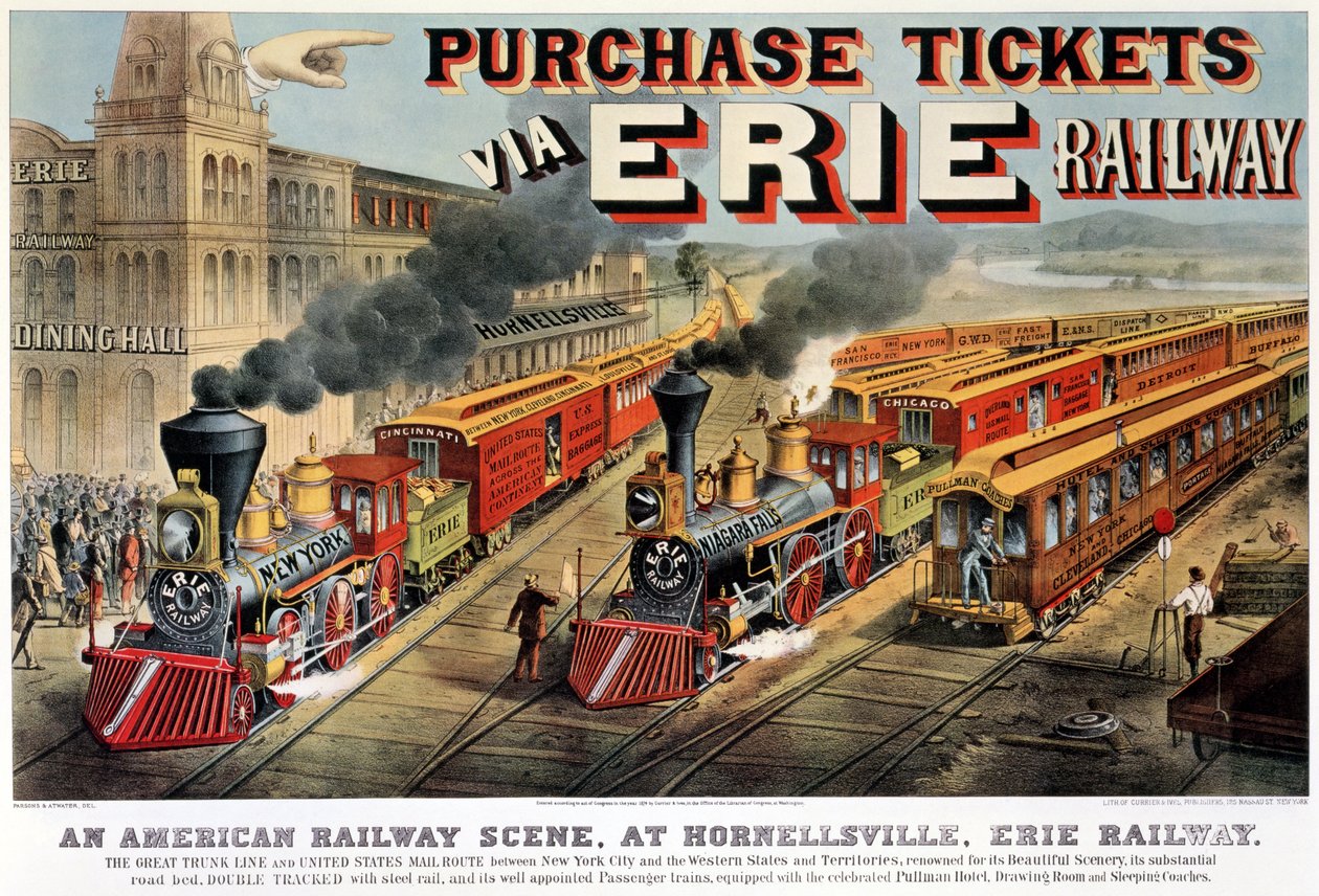 Americká železniční scéna v Hornellsville, Erie Railway (tisk, 1874) od N. and Ives, J.M. Currier