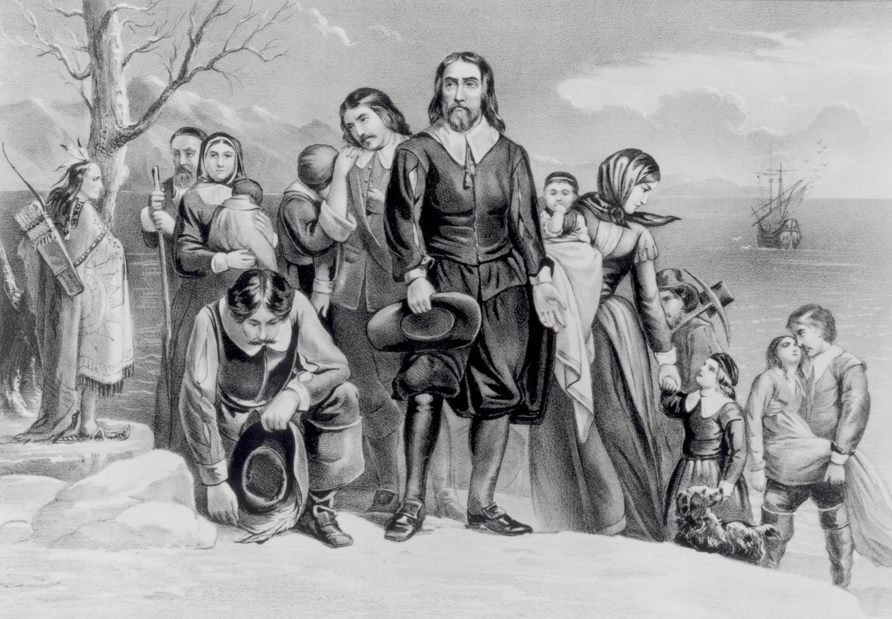 Přistání poutníků v Plymouthu, Mass. 22. prosince 1620, vyd. 1876 od N. and Ives, J.M. Currier