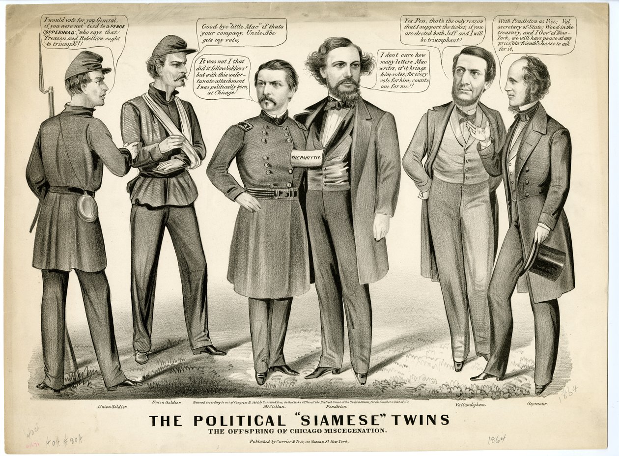Politická siamská dvojčata, potomci chicagského míšení, 1864 od N. and Ives, J.M. Currier