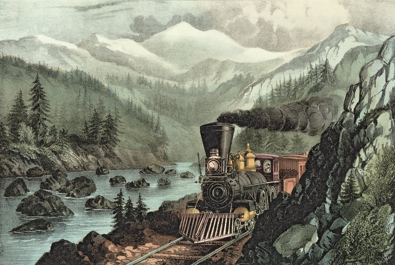 Cesta do Kalifornie. Truckee River, Sierra Nevada. Central Pacific Railway, 1871 od N. and Ives, J.M. Currier