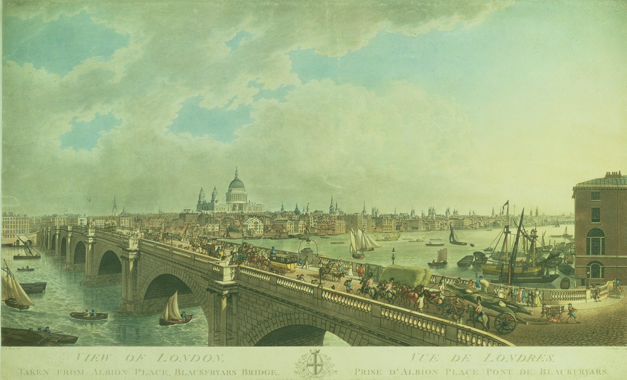 Pohled na Londýn z Albion Place, Blackfriars Bridge, vyryl Joseph Constantine Stadler (fl.1780-1812), vyd. 1802 (akvatinta) od N.R. Black