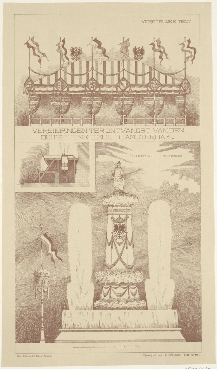 Dekorace během návštěvy německého císaře v Amsterdamu, 1891 Dekorace pro přijetí německého císaře v Amsterdamu (titul na předmětu) od NV Drukkerij G.J. Thieme