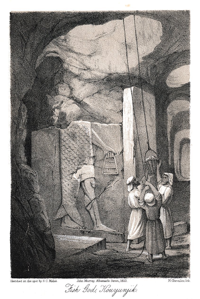 Vykopání nízké reliéfní řezby boha Ryb Dagona, Ninive, 1853 od N. Chevalier