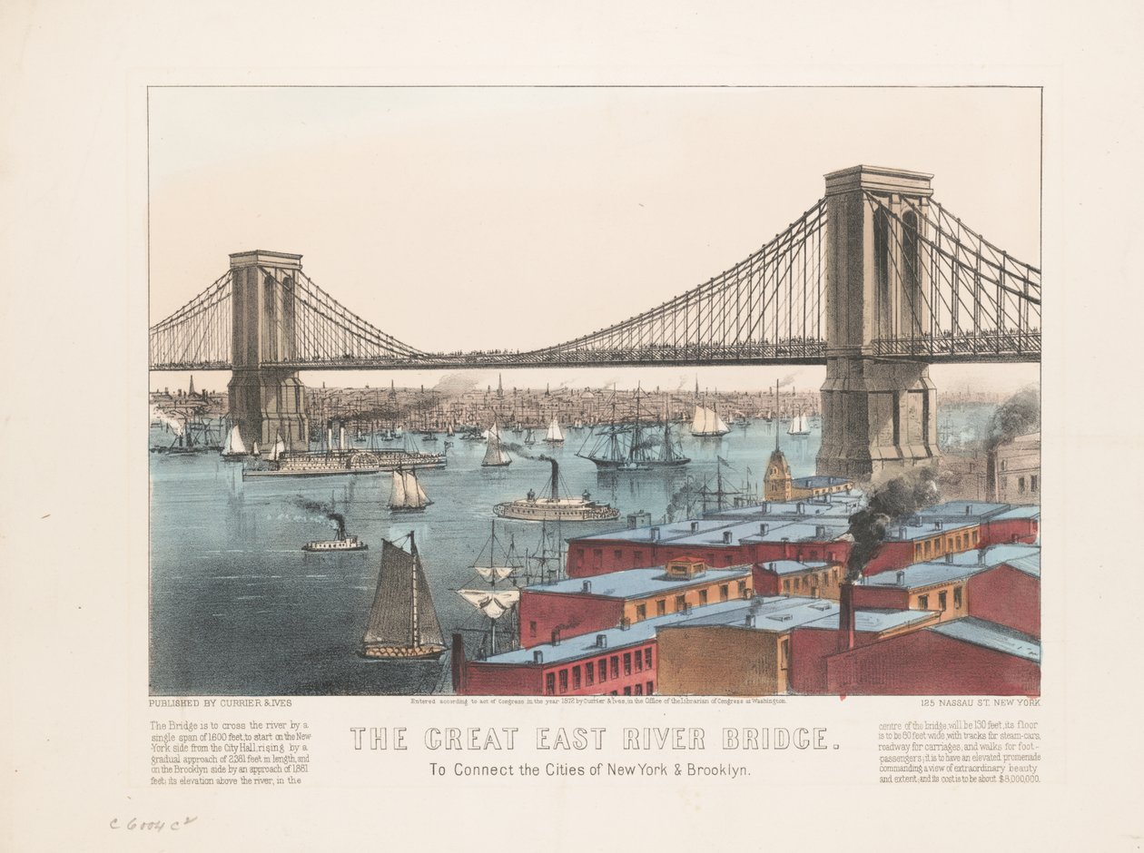 Velký most East River: spojuje města New York a Brooklyn, kolem roku 1872 od Nathaniel Currier