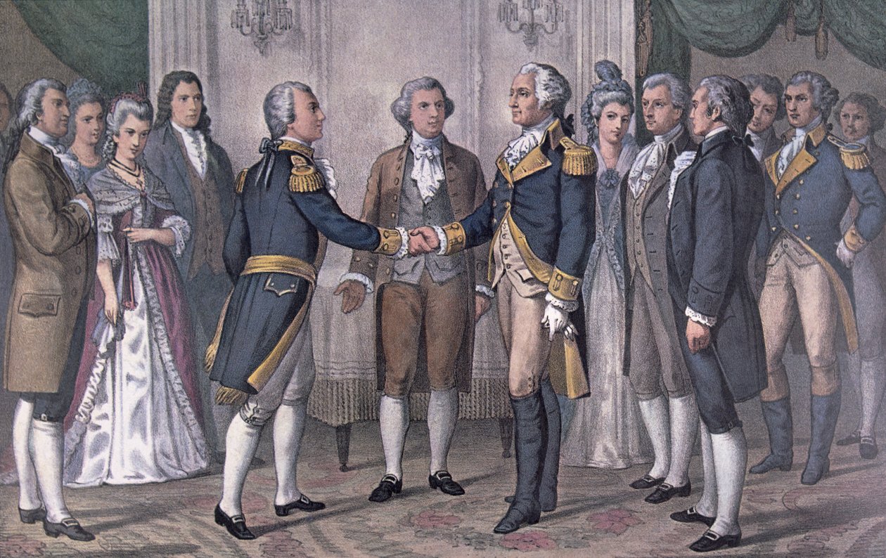 První setkání generála George Washingtona (1732-1799) a markýze de La Fayette (1757-1834) Philadelphia, 3. srpna 1777, zveřejněno v roce 1876 (barevně lito) od N. and Ives J.M. (after) Currier