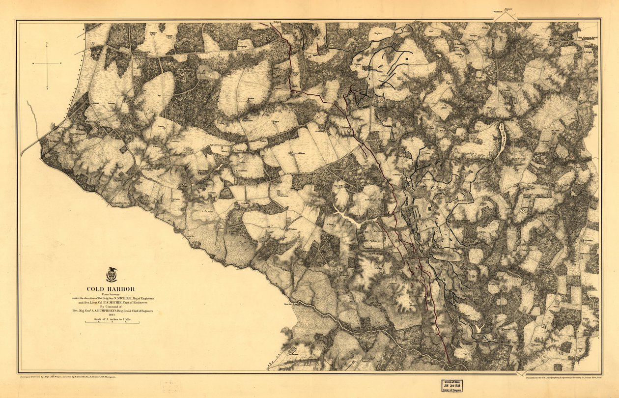 21 120. LC Civil War Maps (2nd ed.), 531.3 V tomto vydání je mapa vytištěna na žlutém pozadí se zelenou barvou řeky Chickahominy. Zobrazuje silnice, Virginia Central R. R., domy, ploty, jména obyvatel, vegetaci, odvodnění a reliéf podle ha od N. Michler