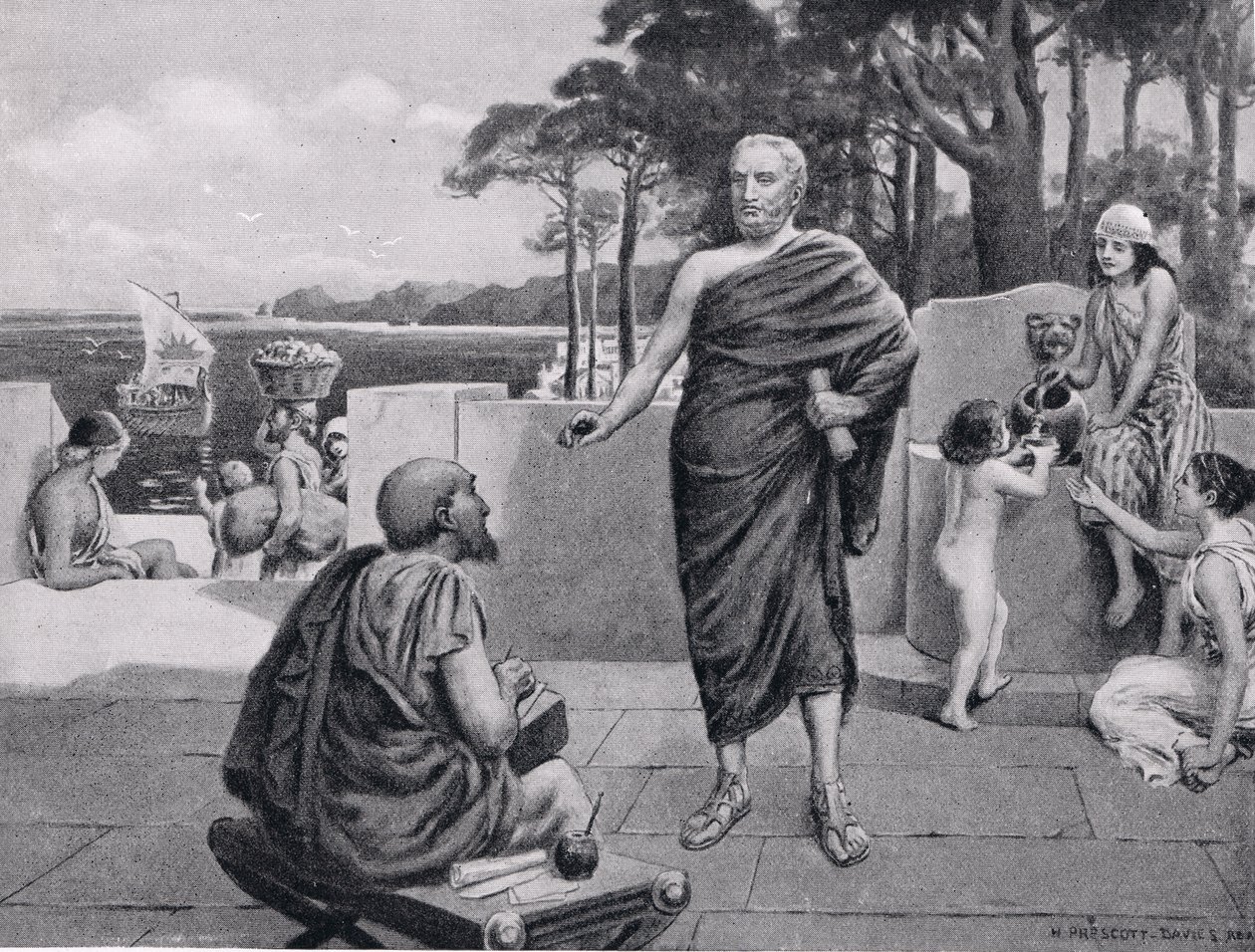 Thukydides in Exile, ilustrace z Hutchinsonovy Historie národů, 1915 od N. Prescott Davies