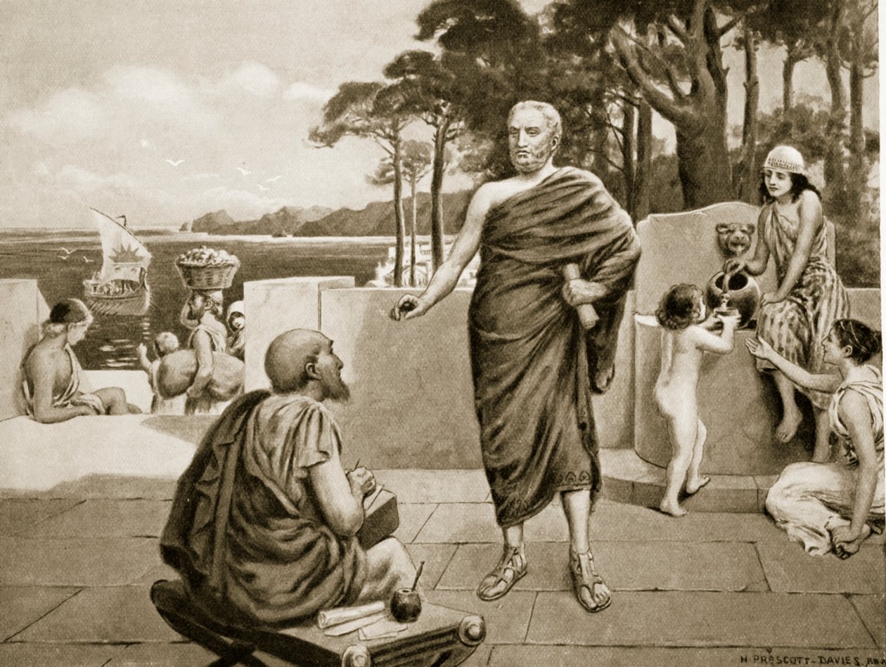 Thukydides ve vyhnanství, ilustrace z Hutchinsonovy Historie národů, litografie 1915 od N. Prescott Davies