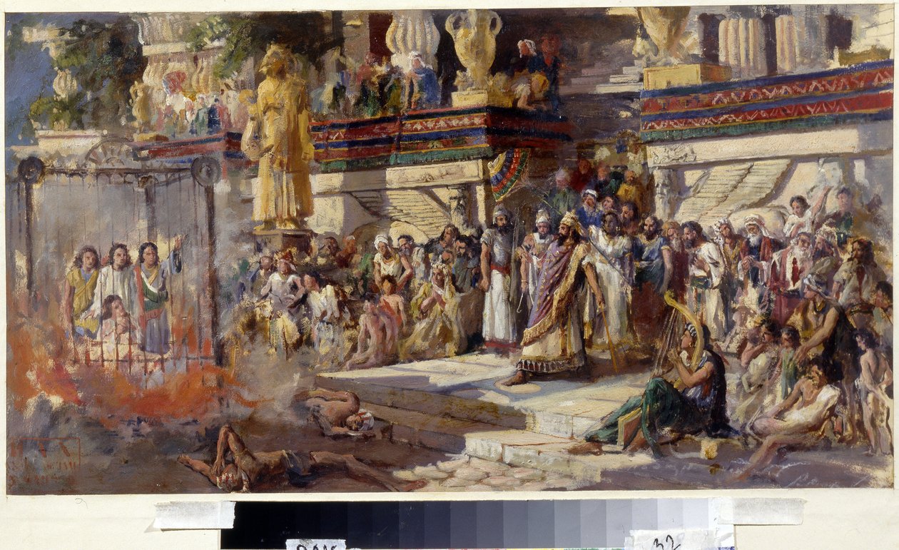 Tři mladí muži v ohnivé peci, 1879 (olej na kartonu) od N. T. Malyshev