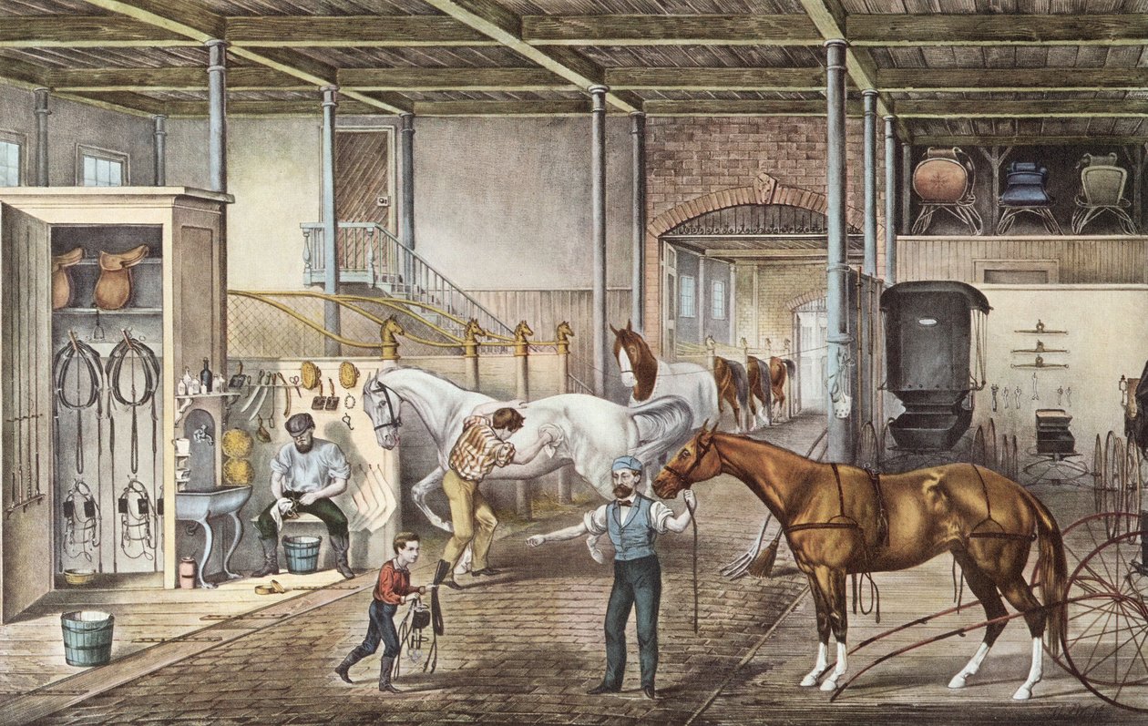 Model stáje, kde se chlapci a čeledíni skutečně starají o koně, rytina z knihy "America" od Curriera a Yvese 1870 od N. and Ives J.M. (1824 95) Currier