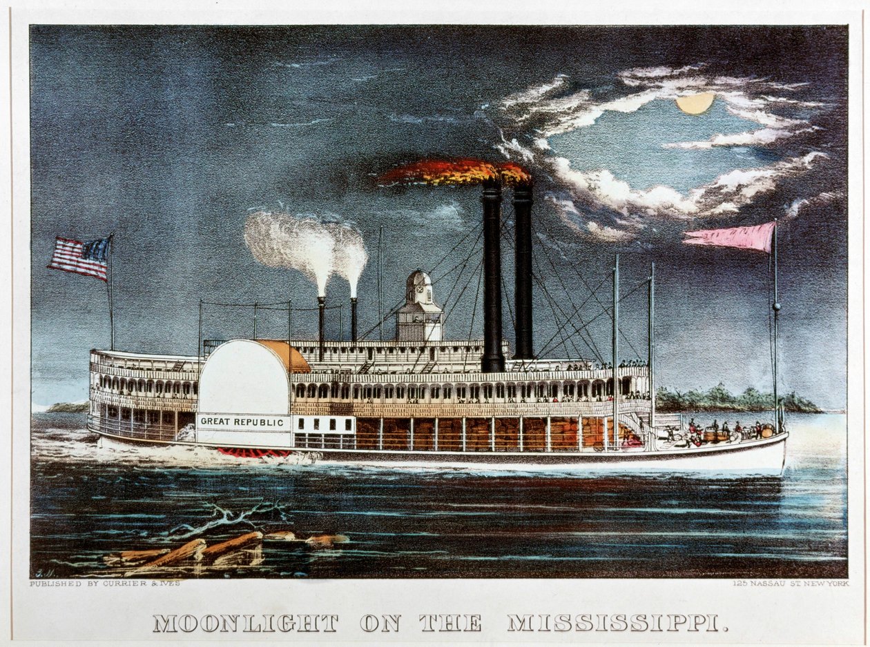 Měsíční svit na Mississippi, parník Great Republic ... (kolorovaný tisk) od N. and Ives J.M. (1824-95) Currier