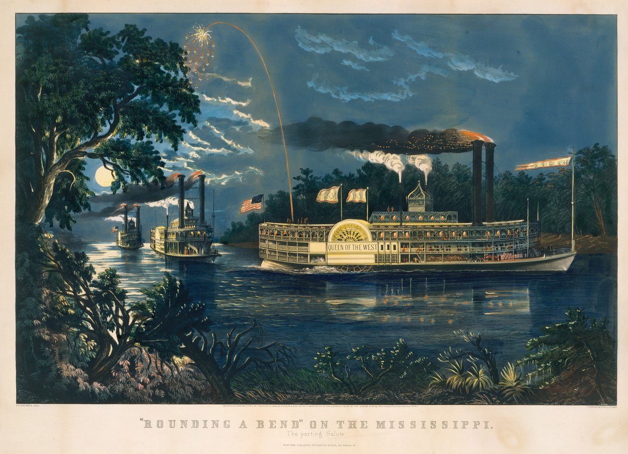 „Rounding a Bend“ na Mississippi – The Parting Salute od Currier and Ives