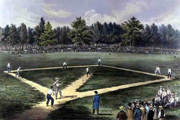 The American National Game of Baseball, Grand Match For The Championship at The Elysian Fields, Hoboken, NJ 1866 (barevné lito) od Currier and Ives