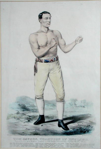 Tom Sayers (1826-65) šampion Anglie, publikoval 1860 (barevné lito) od Currier and Ives