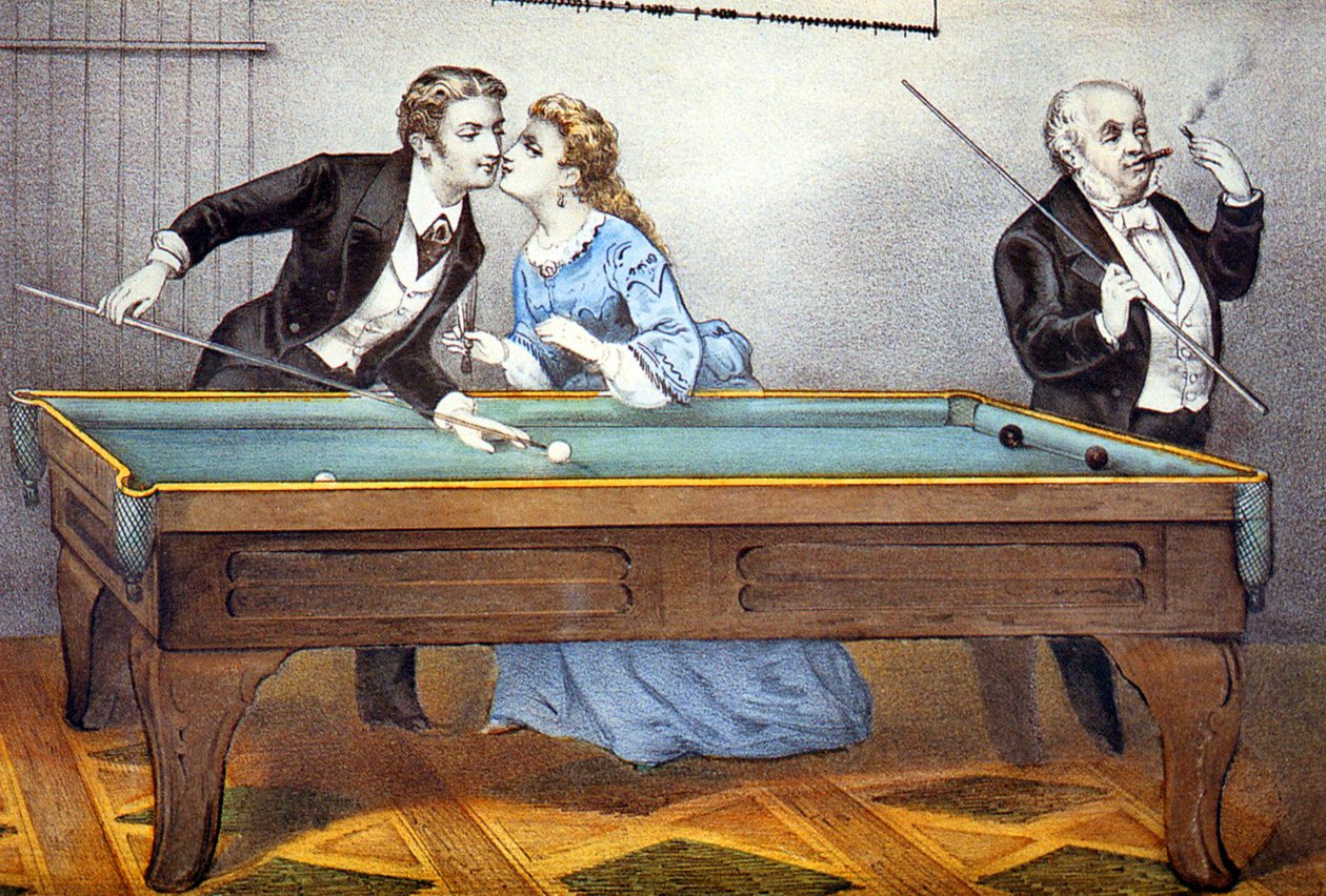 suudella biljardipelin aikana od N. and Ives J.M. (1824 95) Currier