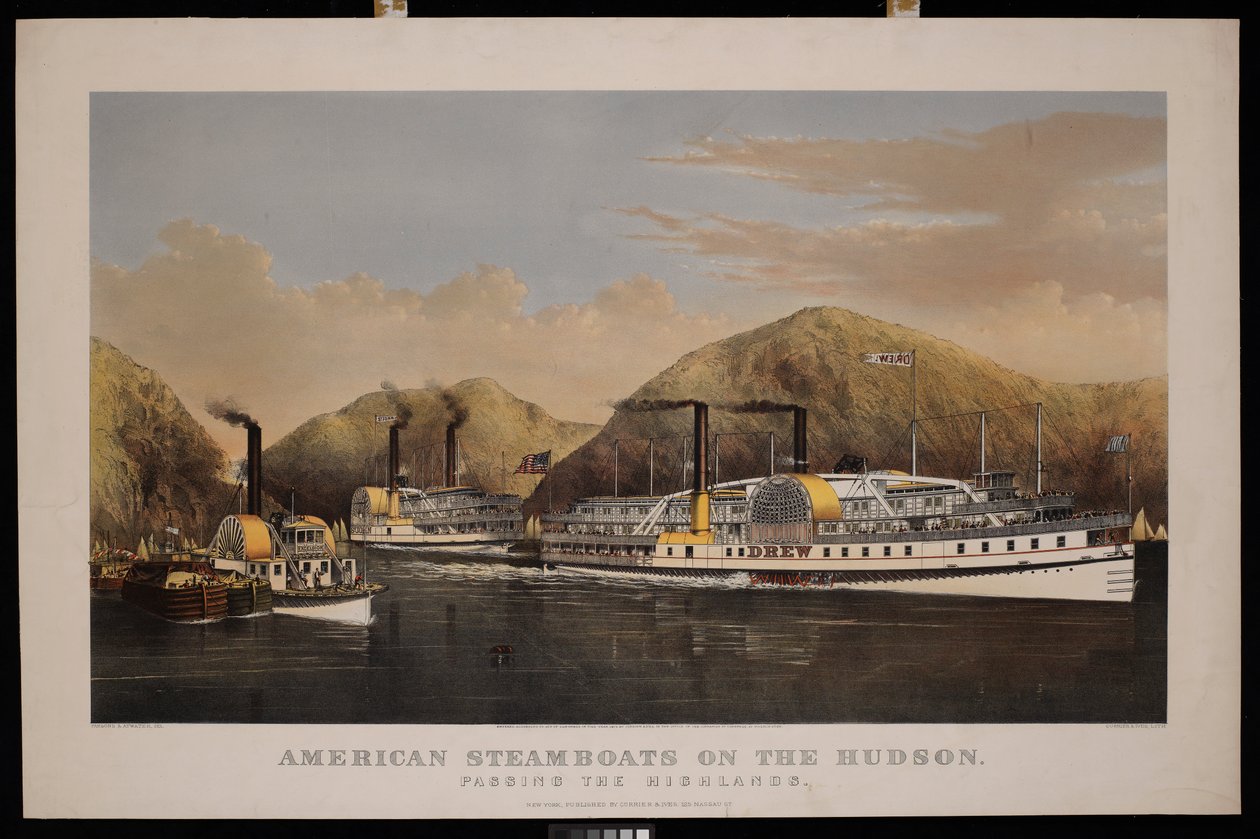 Americké parníky na Hudsonu. Passing the Highlands. Drew, St John a Excelsior od N. and Ives J.M. (1824 95) Currier