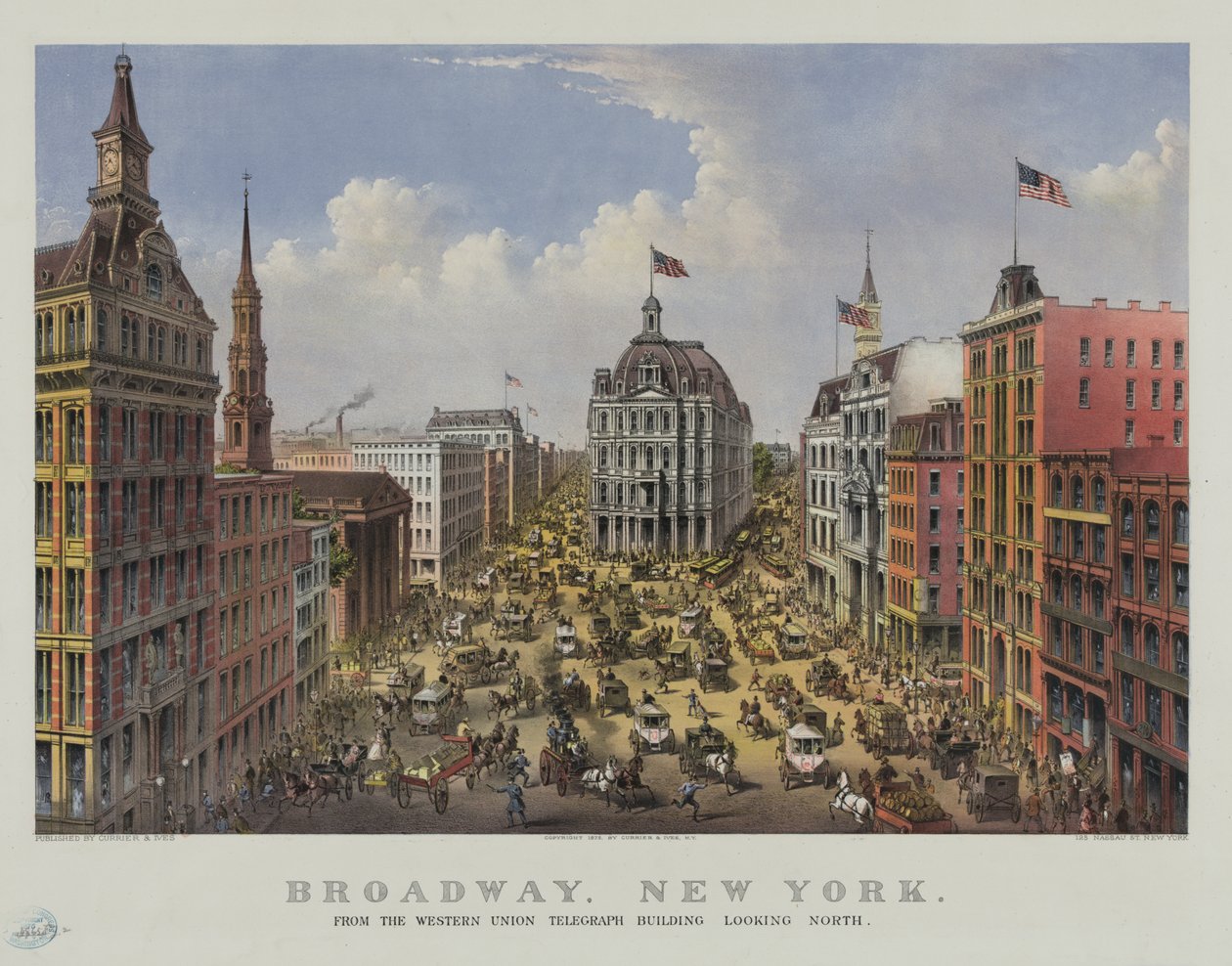 Broadway, New York z telegrafní budovy Western Union při pohledu na sever od Currier and Ives