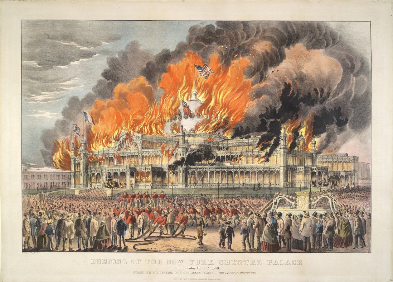 Vypálení New York Crystal Palace v úterý 5. října 1858 (barevná litografie)   Barevná litografie od Currier and Ives