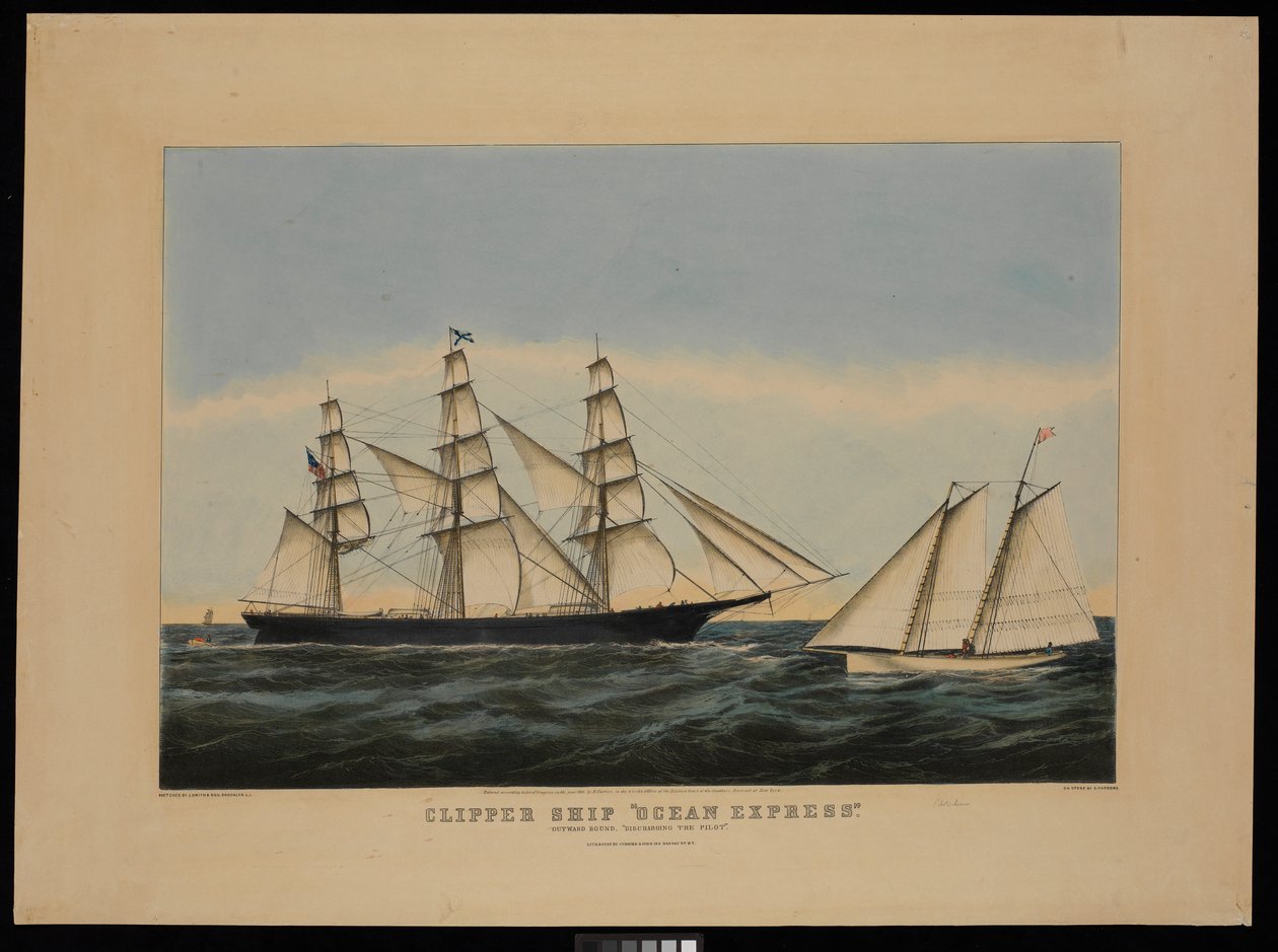 Loď Clipper Ocean Express směřující ven "vypouští pilota" od N. and Ives J.M. (1824 95) Currier