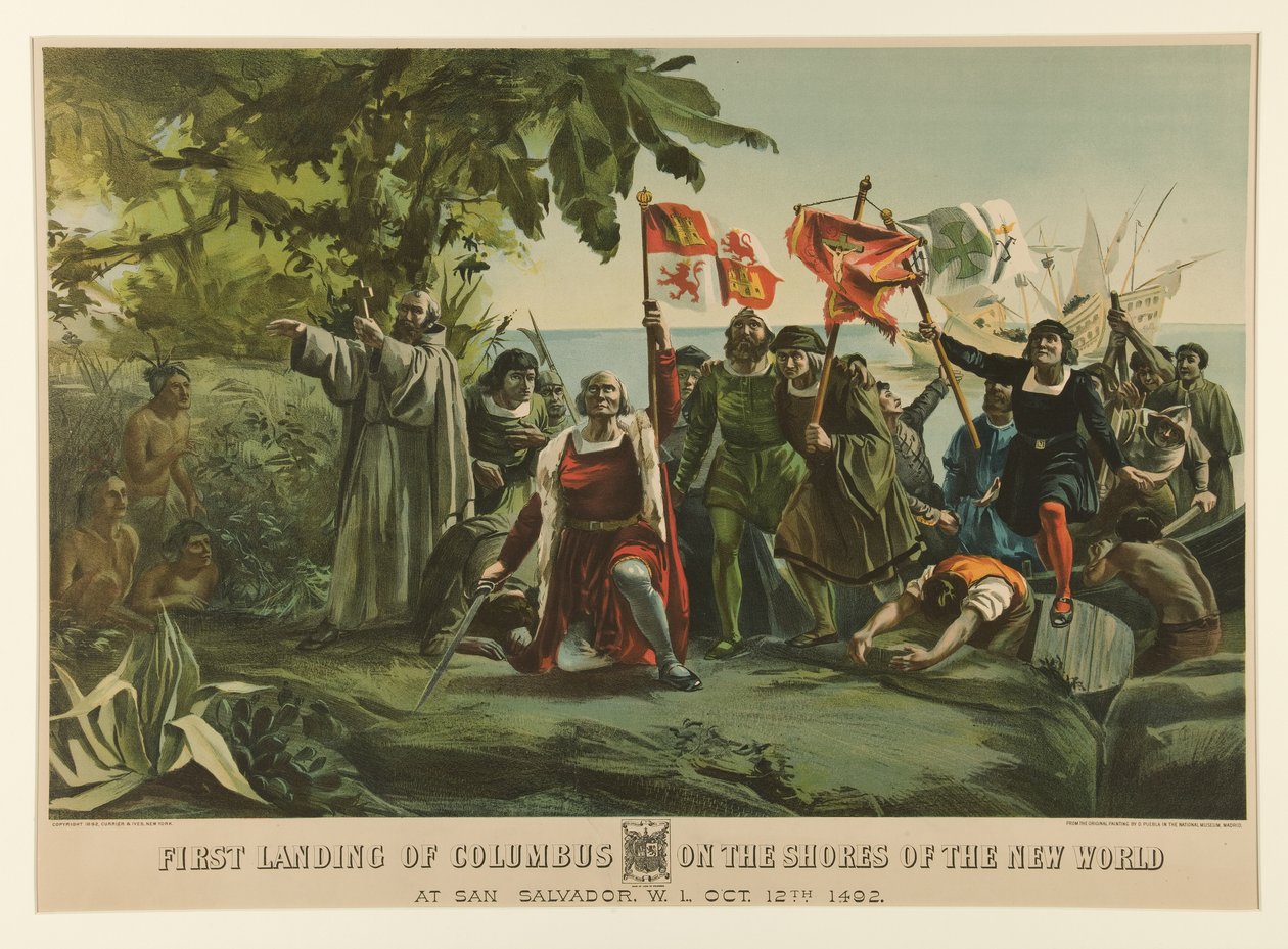 První přistání Kolumba na pobřeží Nového světa od Currier and Ives