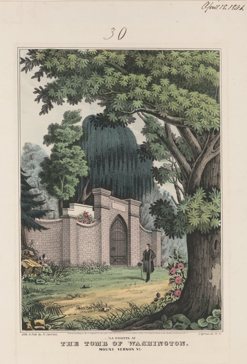 La Fayette u hrobky Washingtonu - Mount Vernon Va. 1845 (barevná litografie) od Currier and Ives