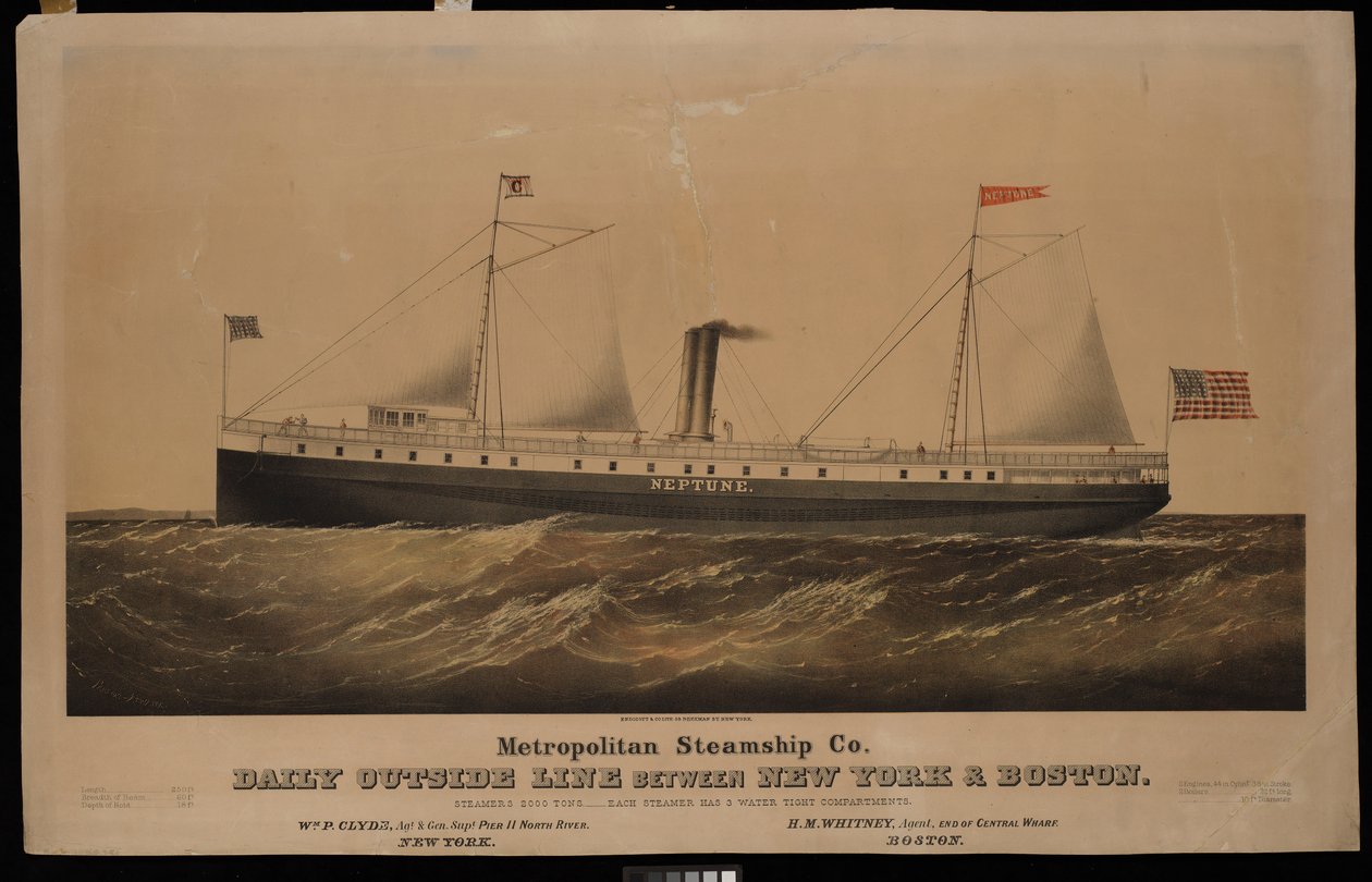 Metropolitan Steamship Co. denně mimo linku mezi New Yorkem a Bostonem... Neptun (litografie, kolorovaná) od N. and Ives J.M. (1824 95) Currier