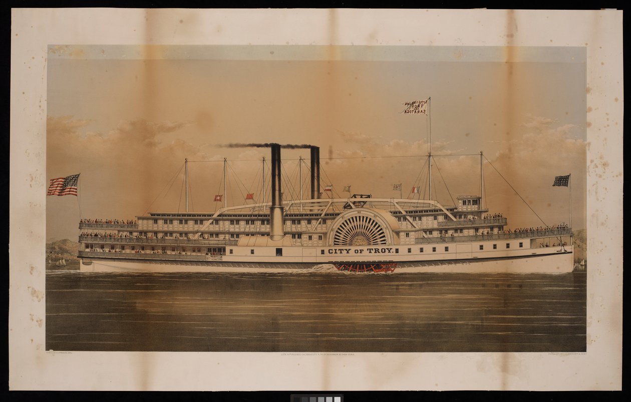 Parník City of Troy Citizens Line Troy a Saratoga (litografie, kolorovaná) od N. and Ives J.M. (1824 95) Currier