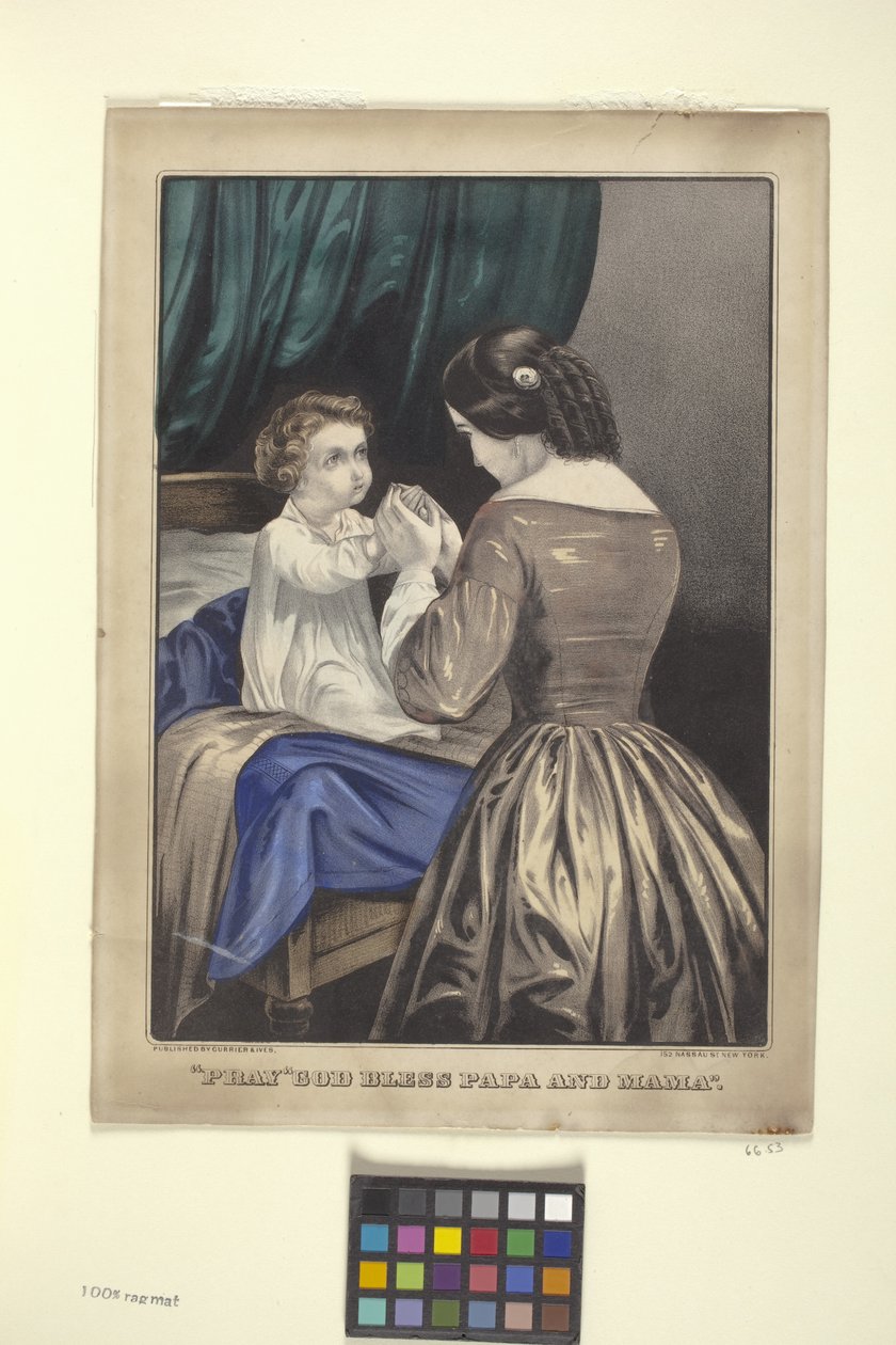 "Pray" God Bless Papa And Mama" (ručně kolorovaná litografie) od N. and Ives J.M. (1824 95) Currier