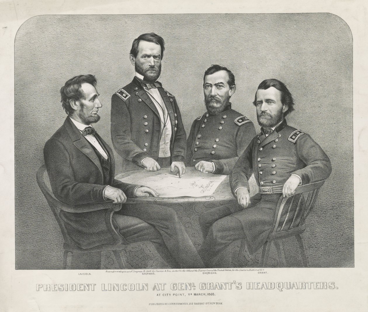 President Lincoln v Genl. Grantovo sídlo, cca 1865 (litografie) od Currier and Ives