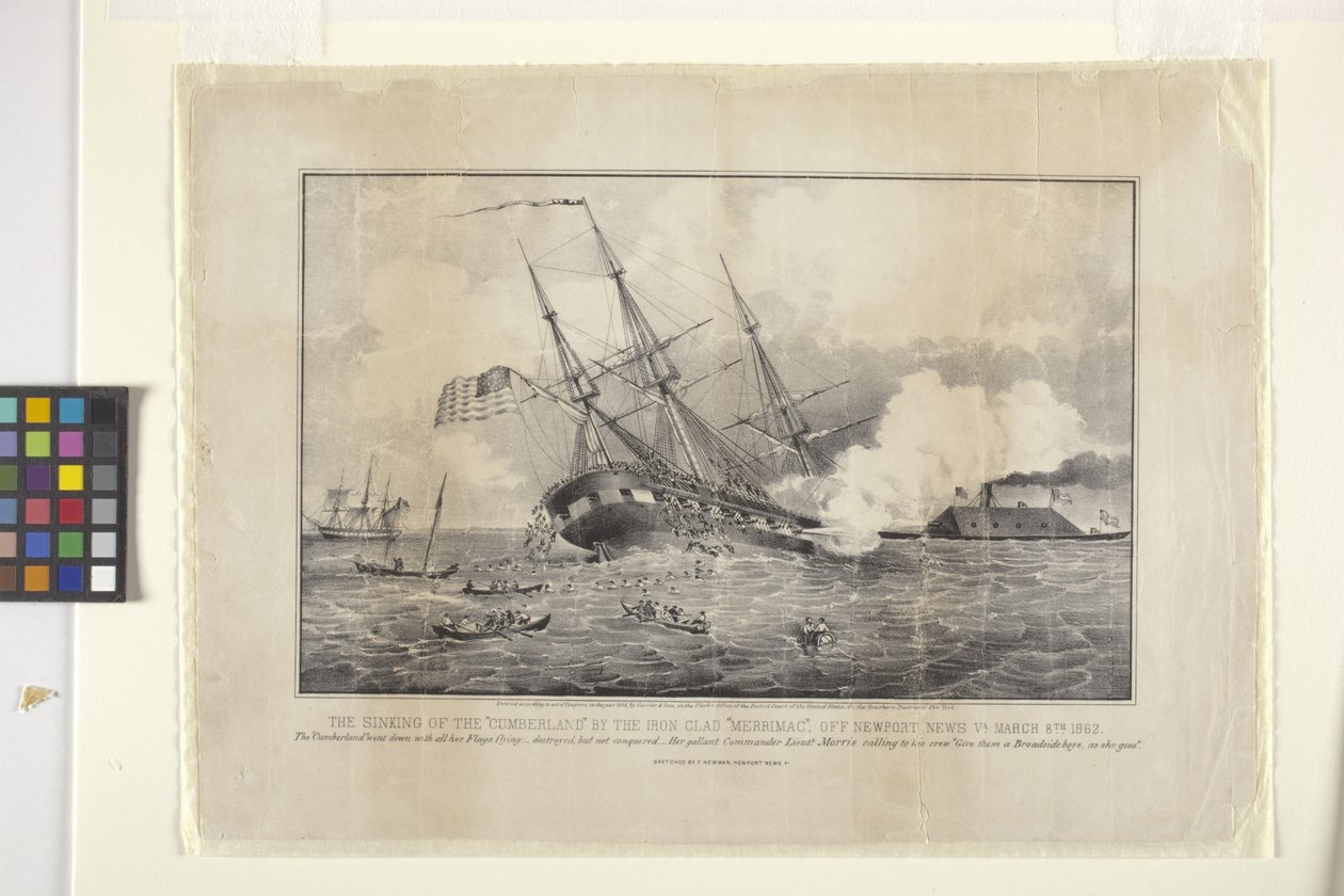Sinking Of The Cumberland By The Ironclad "Merrimack" (litografie) od N. and Ives J.M. (1824 95) Currier