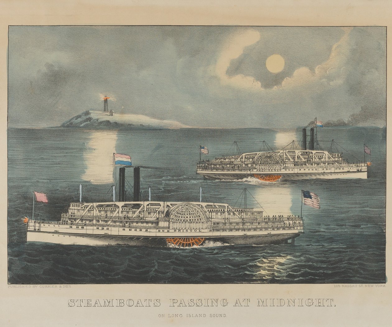 Parníky proplouvající o půlnoci na Long Island Sound od Currier and Ives