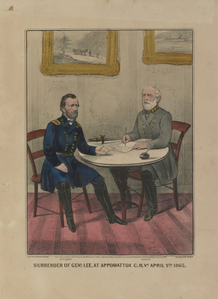 Kapitulace Genl. Lee ve společnosti Appomattox C.H. Va. 9. dubna. 1865 (barevná litografie) od Currier and Ives
