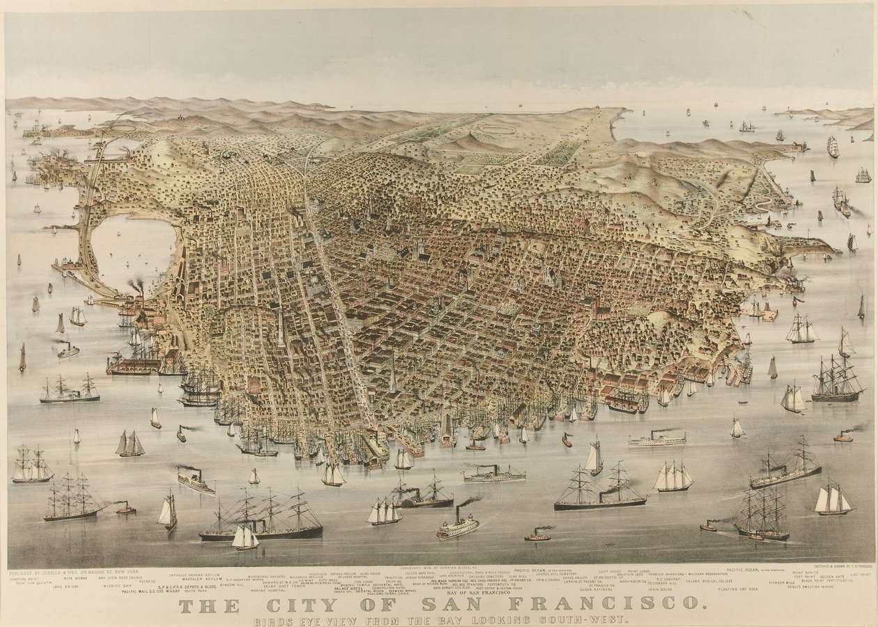 Město San Francisco – pohled z ptačí perspektivy ze zálivu na jihozápad od Currier and Ives