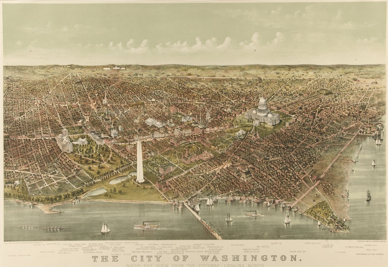 Město Washington: Pohled z ptačí perspektivy z Potomacu na sever od Currier and Ives