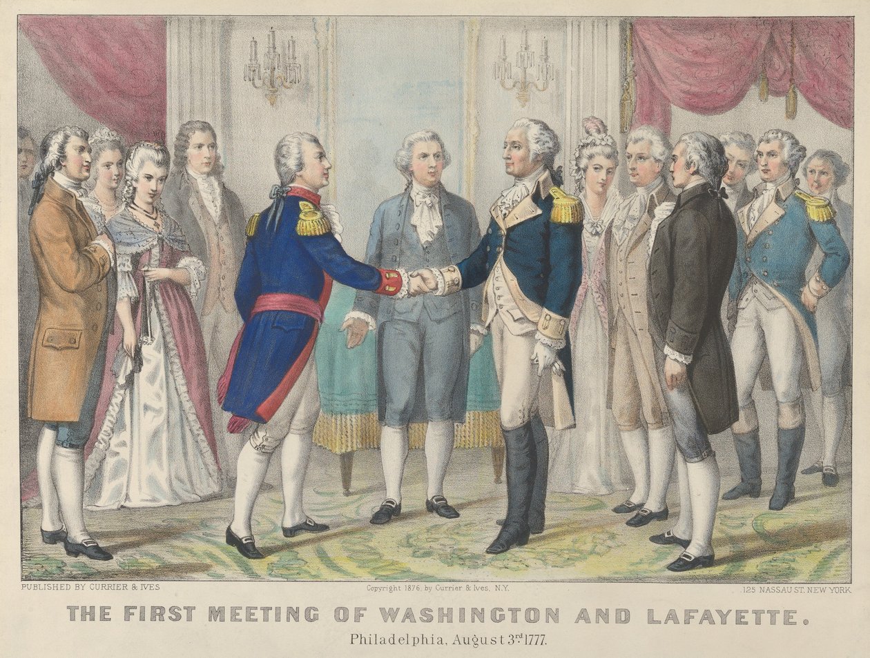 První setkání Washingtonu a Lafayette ve Philadelphii, 3. srpna 1777 od Currier and Ives