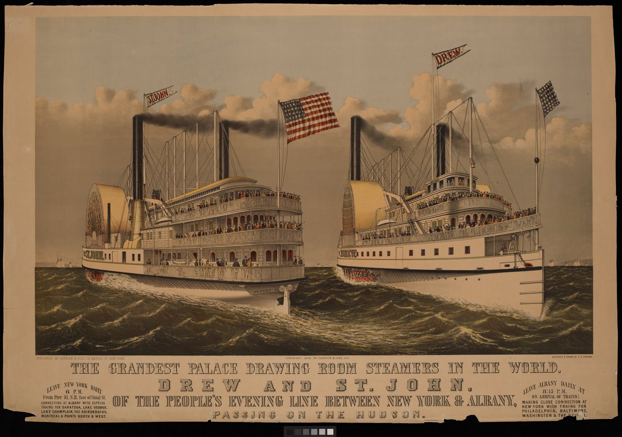 Nejvelkolepější palácové salonní parníky na světě, Drew a St John společnosti Peoples Evening Line mezi New Yorkem a Albany... od N. and Ives J.M. (1824 95) Currier