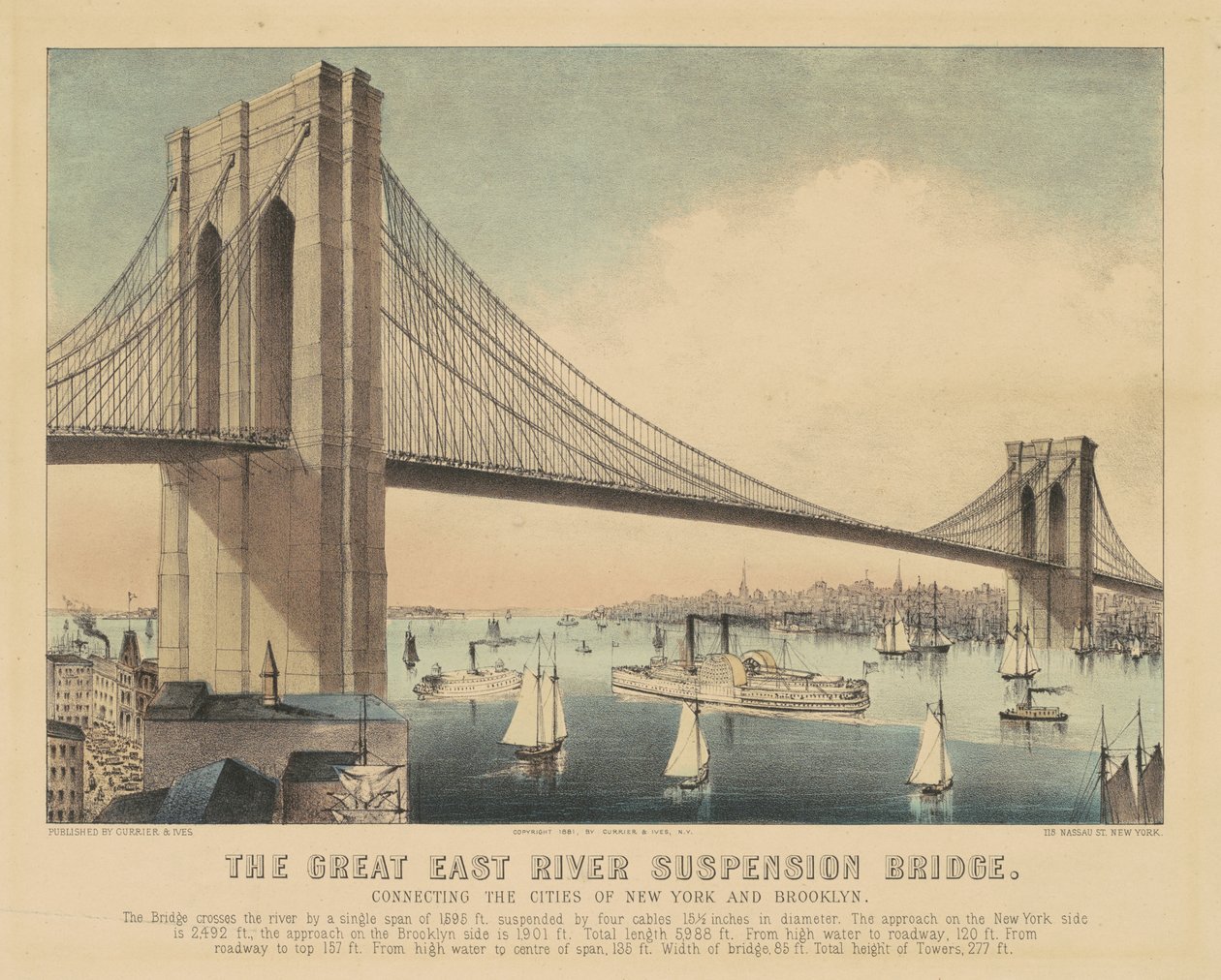 Velký visutý most East River spojující města New York a Brooklyn od Currier and Ives